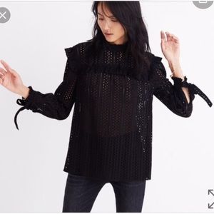Madewell Black Eyelet Mockneck Ruffle Top